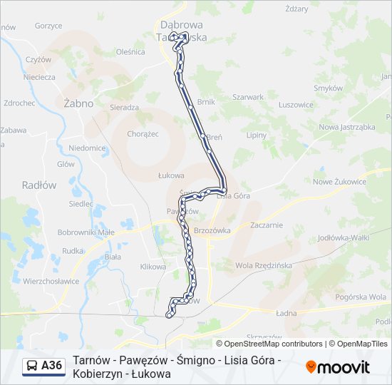 Mapa linii autobus A36