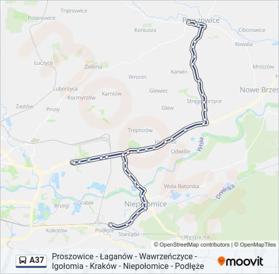 Mapa linii autobus A37