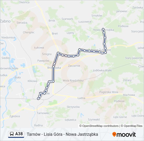 Mapa linii autobus A38