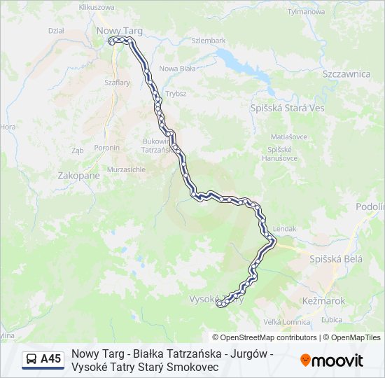 Mapa linii autobus A45