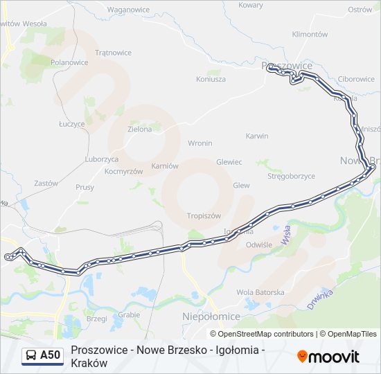 Mapa linii autobus A50