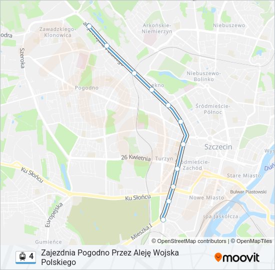 Mapa linii tramwaj 4