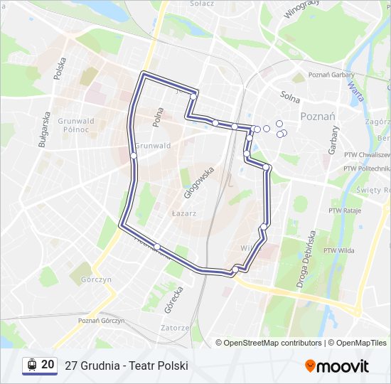 Mapa linii tramwaj 20