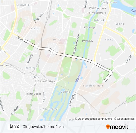 Mapa linii tramwaj 92