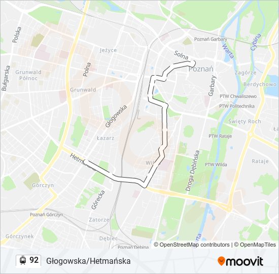 Mapa linii tramwaj 92