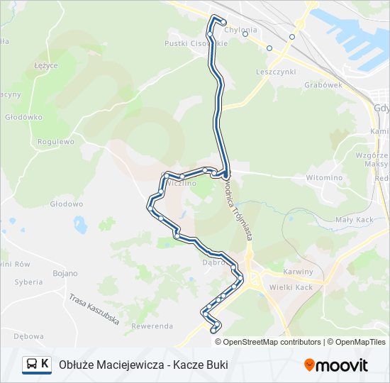 Mapa linii autobus K