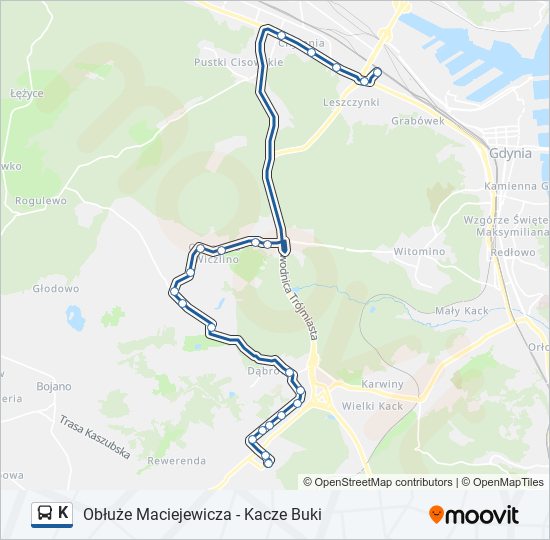 Mapa linii autobus K