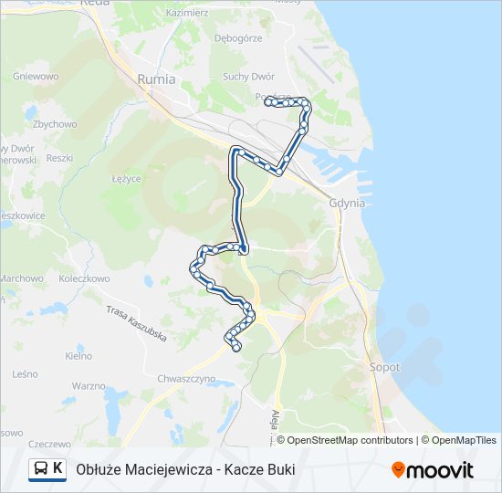 Mapa linii autobus K