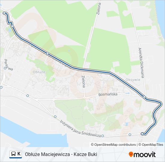 Mapa linii autobus K