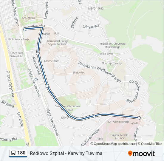 Mapa linii autobus 180