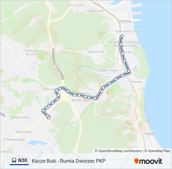 Mapa linii autobus N30