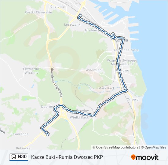 Mapa linii autobus N30