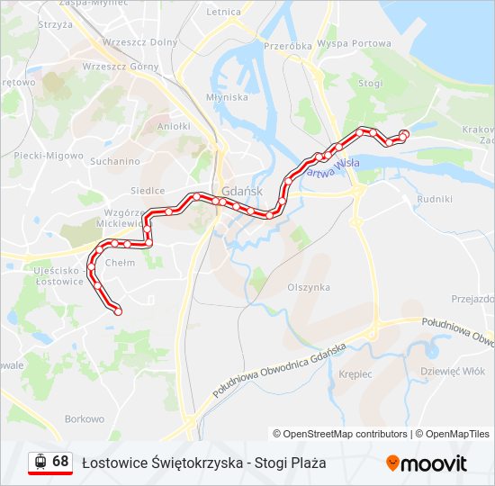 Mapa linii tramwaj 68