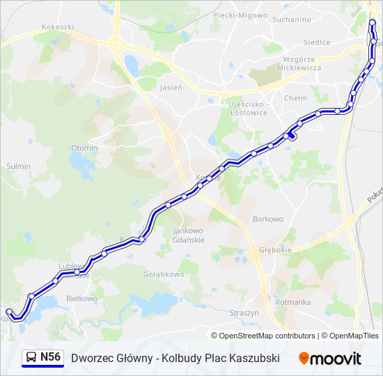 Mapa linii autobus N56