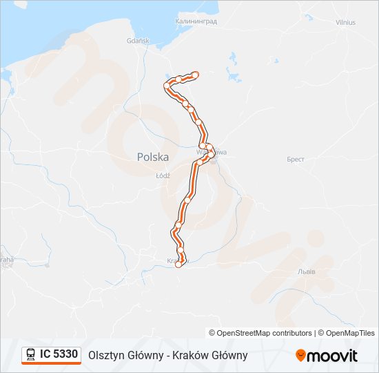 Mapa linii kolej IC 5330