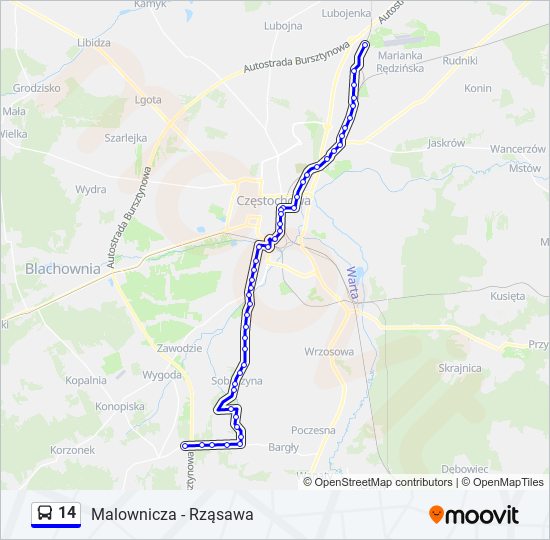 Mapa linii autobus 14