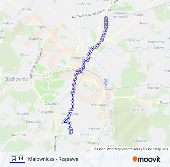 Mapa linii autobus 14