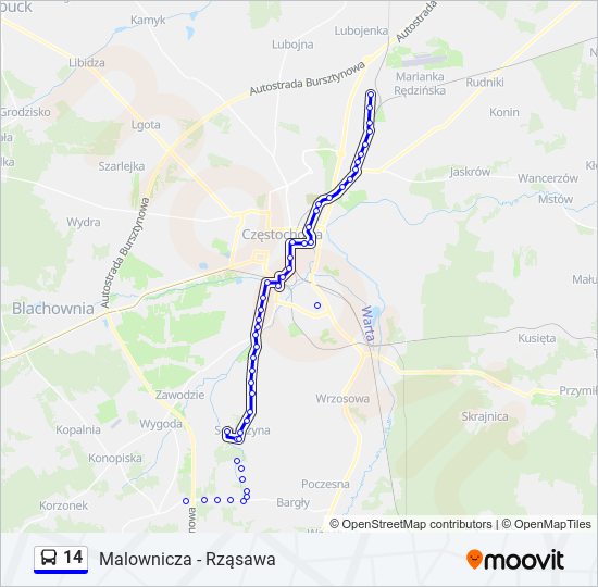 Mapa linii autobus 14