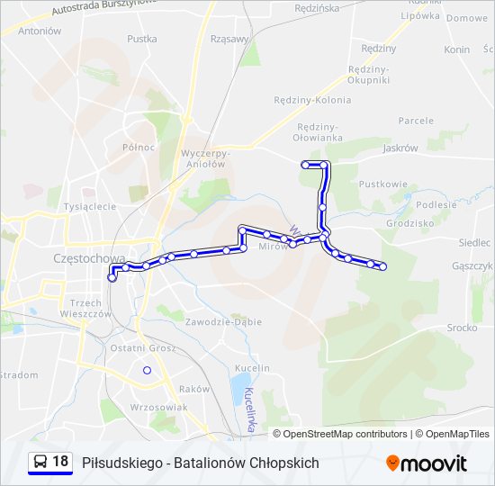 Mapa linii autobus 18