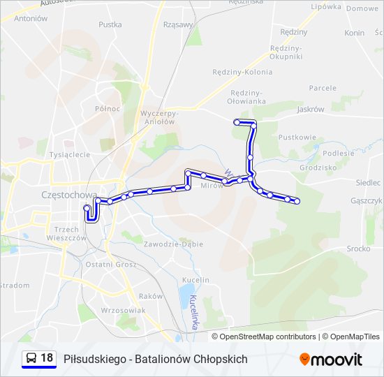 Mapa linii autobus 18