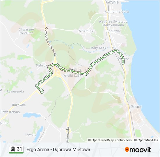 Mapa linii tramwaj linowy 31