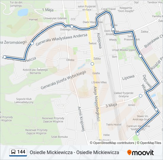 Mapa linii autobus 144