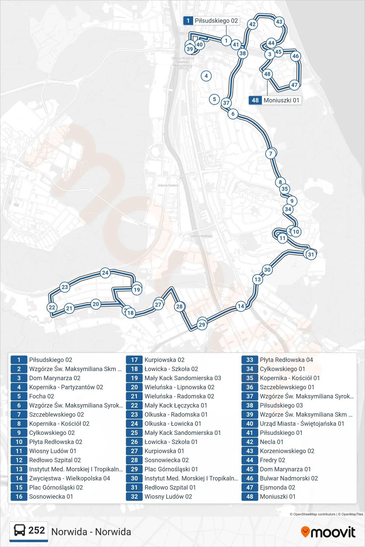 252 tram Line (Dom Marynarza 02) route and stops on a map