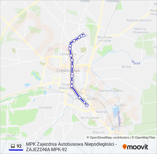 Mapa linii autobus 92