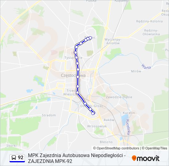 Mapa linii autobus 92