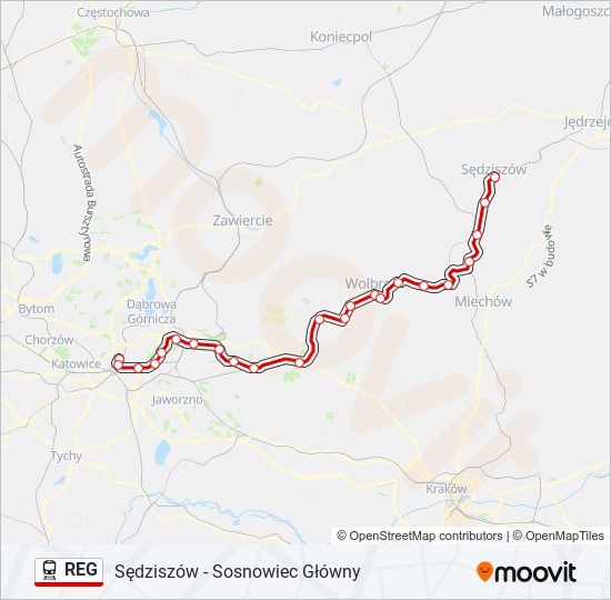 Mapa linii kolej REG