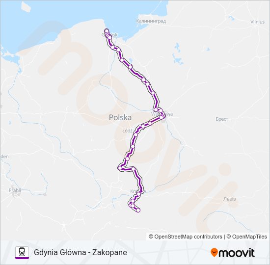 Mapa linii kolej TLK 53174