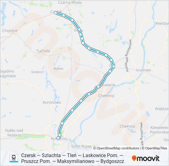 Mapa linii kolej CZK—BDG VIA TLN I LAS