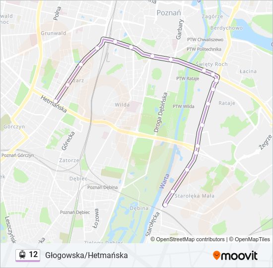 Mapa linii tramwaj 12