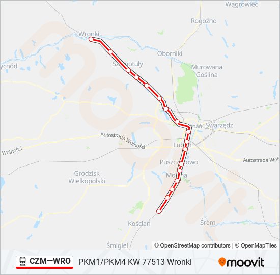 Mapa linii kolej CZM—WRO