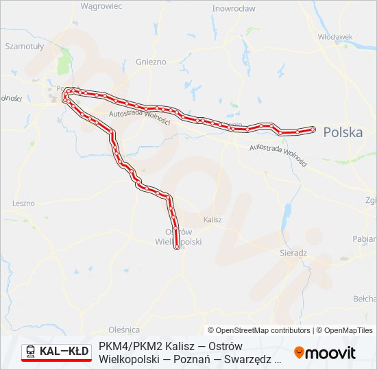 Mapa linii kolej KAL—KŁD