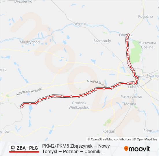 Mapa linii kolej ZBĄ—PŁG