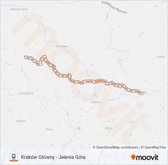 Mapa linii kolej IC 36102