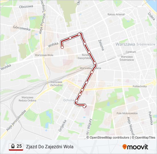 Mapa linii tramwaj 25