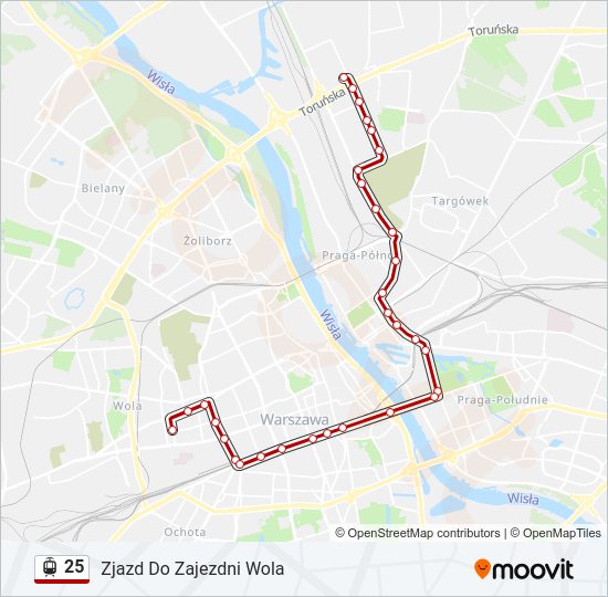 Mapa linii tramwaj 25