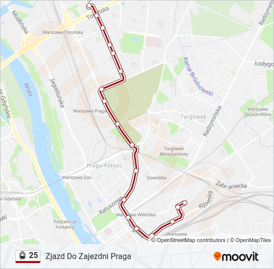 Mapa linii tramwaj 25