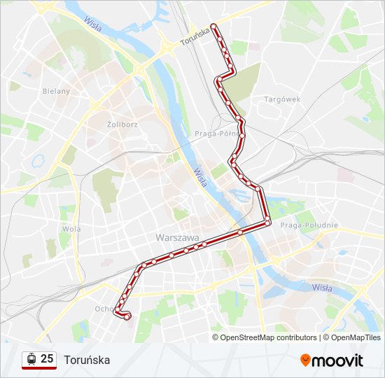 Mapa linii tramwaj 25