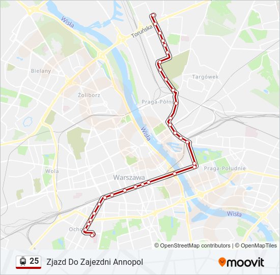 Mapa linii tramwaj 25