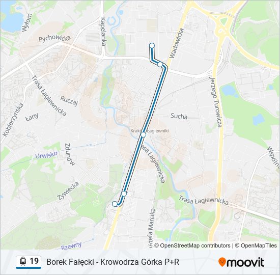 Mapa linii tramwaj 19