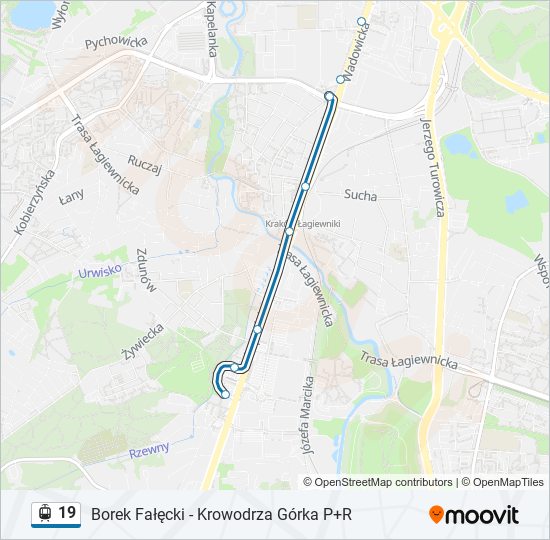 Mapa linii tramwaj 19