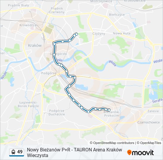 Mapa linii tramwaj 49