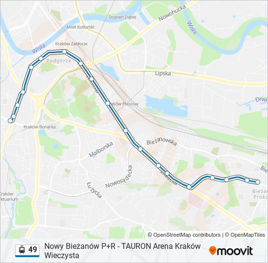 Mapa linii tramwaj 49