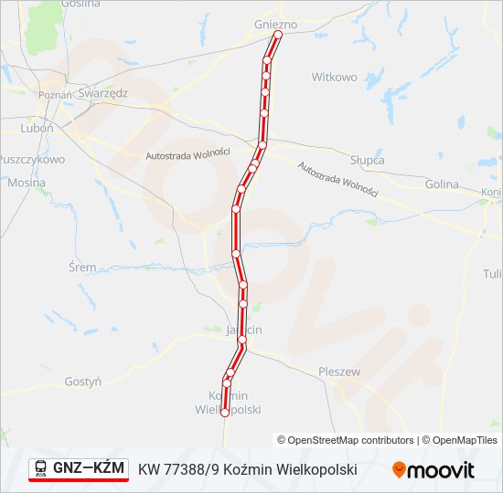 Mapa linii kolej GNZ—KŹM