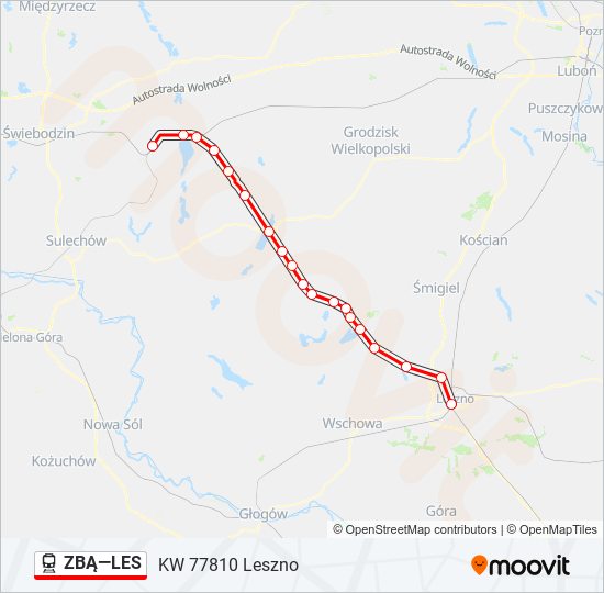 Mapa linii kolej ZBĄ—LES