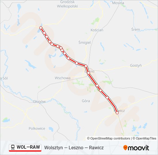 Mapa linii kolej WOL—RAW