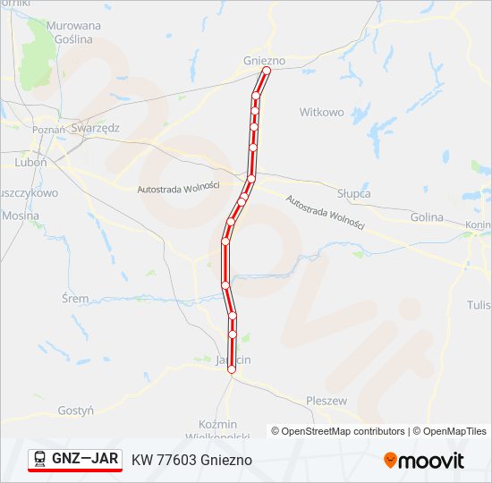 Mapa linii kolej GNZ—JAR